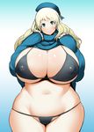  atago_(kantai_collection) bikini blonde_hair blush breasts covered_nipples curvy gigantic_breasts green_eyes hat kantai_collection long_hair looking_at_viewer sasaki_tatsuya shirt_lift smile solo sweater swimsuit wide_hips 