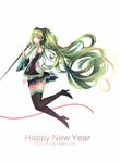  boots character_name detached_sleeves floating_hair full_body green_eyes green_hair happy_new_year hatsune_miku high_heels highres long_hair microphone microphone_stand necktie new_year simple_background skirt solo thigh_boots thighhighs twintails very_long_hair vocaloid white_background yeluno_meng 