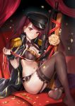  1girl bangs bikini black_bikini black_hat black_jacket black_legwear blunt_bangs blush breasts bullpup cartridge cleavage couch epaulettes eyebrows_visible_through_hair garter_straps girls_frontline glint gun hair_ribbon hat holding holding_gun holding_weapon jacket jacket_on_shoulders knee_up lace lace-trimmed_legwear large_breasts long_hair looking_at_viewer military_jacket navel night night_sky no_shoes on_couch one_side_up open_clothes open_jacket peaked_cap purple_eyes purple_hair qian_wu_atai red_ribbon ribbon rifle sitting sky sniper_rifle soles solo stomach striped swimsuit thighhighs unbuttoned v-shaped_eyebrows vertical-striped_bikini vertical_stripes very_long_hair wa2000_(girls_frontline) walther walther_wa_2000 weapon wrist_cuffs 