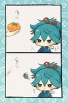  ayu_(mog) bad_id bad_pixiv_id blue_eyes blue_hair comic food fruit japanese_clothes male_focus persimmon sayo_samonji solo_focus squiggle tasuki touken_ranbu translated upper_body 