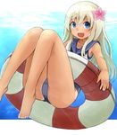  :d barefoot blonde_hair blue_eyes flower hair_flower hair_ornament highres kantai_collection long_hair looking_at_viewer okitsugu open_mouth ro-500_(kantai_collection) school_swimsuit school_uniform smile solo swimsuit swimsuit_under_clothes 