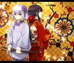  androgynous back-to-back black_hair cowboy_shot flower hair_flower hair_ornament honebami_toushirou japanese_clothes kimono letterboxed long_hair male_focus mizuhara_aki multiple_boys namazuo_toushirou open_mouth otoko_no_ko peony_(flower) ponytail purple_eyes purple_hair sheath sheathed short_hair standing touken_ranbu wakizashi 