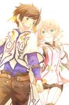  1girl :d alisha_diphda bad_id bad_pixiv_id belt black_pants brown_hair dcba feathers gauntlets green_eyes holding_hands open_mouth pants shorts side_ponytail smile sorey_(tales) tales_of_(series) tales_of_zestiria 