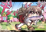  akagi_(kantai_collection) anger_vein bad_id bad_pixiv_id brown_eyes brown_hair cherry_blossoms commentary_request fish fish_in_mouth food_in_mouth gloves house japanese_clothes kantai_collection kitchen_knife long_hair multiple_girls muneate partly_fingerless_gloves running sekiguchi_miiru thighhighs yugake 