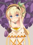  bent_over blonde_hair blue_eyes bow breasts chestnut_mouth downblouse edna_(tales) gloves hair_bow leg_ribbon open_mouth parasol ribbon side_ponytail single_glove small_breasts solo tales_of_(series) tales_of_zestiria umbrella wapokichi 