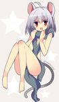  animal_ears artist_name barefoot blush covering covering_breasts covering_crotch full_body green_hair looking_at_viewer maturiuta_sorato mouse_ears mouse_tail naked_scarf nazrin nude open_mouth red_eyes scarf short_hair simple_background solo star tail touhou 