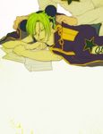  black_hair green_hair green_lipstick jacket_on_shoulders jojo_no_kimyou_na_bouken kuujou_jolyne kuujou_joutarou lipstick makeup mochi_(91_metro_mochi) multicolored_hair sleeping solo_focus star two-tone_hair 