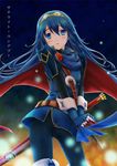  armor asuma_shin blue_armor blue_eyes blue_hair cape fingerless_gloves fire_emblem fire_emblem:_kakusei gloves long_hair lucina solo tiara 