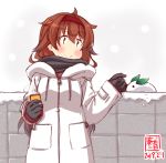  1girl artist_logo black_gloves brown_eyes brown_hair can canned_coffee dated fence gloves hairband highres kanon_(kurogane_knights) kantai_collection long_hair red_hairband remodel_(kantai_collection) shiratsuyu_(kantai_collection) snow snow_bunny solo white_background white_coat winter_clothes 