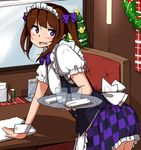  alternate_costume apron blush bow brown_hair checkered checkered_skirt christmas christmas_tree cowboy_shot enmaided glass hair_bow himekaidou_hatate himeshita_johnny_mafuyu ice ice_cube long_hair maid maid_apron maid_cafe maid_headdress open_mouth panties pantyshot purple_eyes skirt solo tabasco table touhou towel tray twintails underwear waitress wiping wreath wrist_cuffs 