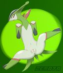  abstract_background anus clitoris female feral legendary_pok&eacute;mon lying mammal navel nintendo nude open_mouth pok&eacute;mon pussy red_eyes solo spread_legs spreading video_games virizion zemata 