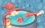  anonymous_artist charmeleon claws convenient_censorship female fire green_eyes hot_tub nintendo pok&eacute;mon simple_background solo tongue tongue_out video_games water 