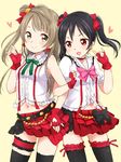  \m/ black_hair black_legwear blush bokura_wa_ima_no_naka_de bow brown_eyes brown_hair fingerless_gloves gloves hair_bow locked_arms long_hair looking_at_viewer love_live! love_live!_school_idol_project minami_kotori multiple_girls red_eyes short_hair skirt smile thighhighs twintails yazawa_nico yukiu_kon 