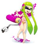  barefoot bikini disembodied_limb domino_mask flat_chest green_bikini green_eyes green_hair greenmarine highres inkling long_hair mask one_eye_closed paint_roller paint_splatter pointy_ears short_hair_with_long_locks sidelocks solo splatoon_(series) splatoon_1 swimsuit tentacle_hair very_long_hair 