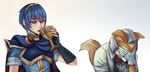  androgynous animal_ears armor blue_eyes blue_hair breastplate brooch cape commentary drinking ears_down facepalm fingerless_gloves fire_emblem fox_ears fox_mccloud fox_tail fur furry gauntlets gloves goblet hairband headgear highres jacket jewelry male_focus marth meme multiple_boys neckerchief parody shirt sleeves_rolled_up star_fox super_smash_bros. tail unsomnus white_gloves 