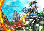  blue_hair blue_sky blurry boots bow broken_ground depth_of_field food fruit hat high_heel_boots high_heels hinanawi_tenshi knee_boots long_hair mountain peach puffy_short_sleeves puffy_sleeves red_eyes shirt short_sleeves skirt sky solo sword_of_hisou touhou umigarasu_(kitsune1963) 
