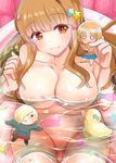  bath bathtub blonde_hair blush breasts brown_hair character_doll hair_ornament hair_over_one_eye hood hoodie ichiko_(ichi) idolmaster idolmaster_cinderella_girls large_breasts long_hair mimura_kanako moroboshi_kirari multiple_girls nude orange_eyes red_skirt shirasaka_koume short_hair skirt smile solo_focus star star_hair_ornament 