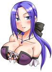  1girl bare_shoulders blue_eyes blue_hair blush breasts bust cleavage erect_nipples female hair_ribbon large_breasts long_hair looking_at_viewer parted_lips ribbon ruida smile solo upper_body 