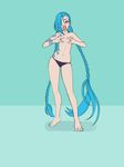  barefoot black_panties blue_background blue_hair braid breasts exhibitionism full_body greenmarine highres jinx_(league_of_legends) league_of_legends long_hair looking_at_viewer navel nipples open_mouth panties peeking_through_fingers red_eyes small_breasts solo standing tattoo toes twin_braids underwear very_long_hair 