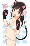  animal_ears bikini black_hair breasts brown_hair cat_ears cat_tail character_request cleavage fang front-tie_top gloves hair_ribbon large_breasts looking_at_viewer navel nyaakb open_mouth paw_gloves paws ribbon side-tie_bikini smile solo swimsuit tail white_bikini youkai_watch yukiu_kon 