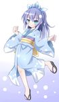  aqua_eyes fubukihime hachimi hair_ornament highres japanese_clothes kimono long_sleeves obi purple_hair sash smile snowing solo standing standing_on_one_leg wide_sleeves youkai youkai_watch yuki_onna 