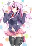  animal_ears black_legwear blazer blush bunny_ears highres jacket jumping long_hair midriff panties pantyshot pink_hair red_eyes reisen_udongein_inaba solo soramuko striped striped_panties thighhighs touhou underwear 