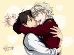  aldnoah.zero blue_eyes brown_hair epaulettes heart holster hug kaizuka_inaho male_focus multiple_boys necktie one_eye_closed open_mouth red_eyes shan2000 shirt short_hair silver_hair slaine_troyard smile yaoi 