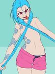  :p black_panties blue_hair braid breasts contrapposto greenmarine hair_censor highres jinx_(league_of_legends) league_of_legends long_hair looking_at_viewer navel open_fly panties red_eyes shorts small_breasts solo standing tattoo thigh_gap tongue tongue_out topless twin_braids underwear unzipped very_long_hair 