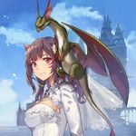  animal_ears blush bridal_veil brown_hair castle cleavage_cutout cloud day dragon dress final_fantasy final_fantasy_xiv long_hair midgardsormr miqo'te momoko_(momopoco) outdoors red_eyes shirt slit_pupils upper_body veil wedding_dress 