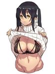  :3 black_bra black_hair bra breasts cleavage clothes_lift elf_(houtengeki) houtengeki lace lace-trimmed_bra large_breasts long_sleeves navel no_legs original pointy_ears ribbed_sweater solo sweater sweater_lift turtleneck twintails underwear upper_body yellow_eyes 
