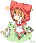  1girl :3 apron basket bow brown_hair capelet cat cat_tail chen chen_(cat) cosplay day dress ear_piercing flower hat hat_with_ears hood jewelry little_red_riding_hood little_red_riding_hood_(grimm) little_red_riding_hood_(grimm)_(cosplay) mob_cap multiple_tails nekomata o_o outdoors piercing pila-pela red_capelet red_dress single_earring tail touhou waist_apron 