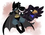  abstract_background ambiguous_gender avian batman batman_(series) bird black_feathers black_fur blue_fur canine cosplay crow duo fur honchkrow lucario mammal mask nightwing nintendo pok&eacute;mon tan_fur unknown_artist video_games 