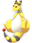  2015 ampharos bed blush butt female feral half-closed_eyes looking_at_viewer lying nervous nintendo nude on_bed plain_background pok&eacute;mon presenting pussy shadow solo spread_legs spreading sweat video_games white_background あぁち 