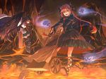  animal_ears arm_cannon black_legwear bow braid cat_ears commentary_request dress fire floating_skull hair_bow hands kaenbyou_rin kikugetsu long_hair looking_at_viewer multiple_girls open_mouth out_of_frame red_hair reiuji_utsuho ribbon sideways_glance sitting skirt skull thighhighs touhou twin_braids very_long_hair weapon wheelbarrow wings 