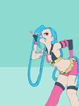  armlet bandolier bikini_top blue_background blue_hair braid breasts commentary fingerless_gloves gloves greenmarine hair_over_one_eye hand_on_hip highres jinx_(league_of_legends) league_of_legends leaning_forward long_hair looking_at_viewer mismatched_gloves pink_legwear pose red_eyes shorts single_thighhigh small_breasts solo tattoo thighhighs twin_braids very_long_hair 