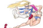  ass attack blonde_hair blue_leotard blue_shorts diepod high_heels hip_attack leotard long_hair mask multiple_girls pink_hair poison_(final_fight) rainbow_mika red_footwear shoes short_shorts shorts single_shoe sketch street_fighter street_fighter_zero_(series) twintails wrestling_mask wrestling_outfit 