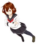  anchor_symbol bad_id bad_pixiv_id black_legwear brown_eyes brown_hair crossed_arms dutch_angle from_above full_body hair_ornament hairclip ikazuchi_(kantai_collection) kantai_collection loafers long_sleeves looking_at_viewer neckerchief ojipon pantyhose pleated_skirt red_neckwear sailor_collar school_uniform serafuku shoes short_hair skirt smile solo white_background 