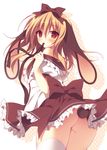  animal_ears ass bad_id bad_pixiv_id blush bow breasts brown_hair cowboy_shot frills hair_bow large_breasts long_hair mouth_hold oniku_(shimofuri-ke) original red_eyes ribbon shirt silhouette skirt solo tail thighhighs undressing white_background white_legwear 