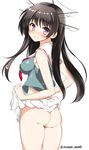  ass black_hair blush breasts choukai_(kantai_collection) crop_top crop_top_overhang headgear inuzumi_masaki kantai_collection long_hair looking_back medium_breasts midriff no_eyewear no_panties pink_eyes shiny shiny_skin skirt skirt_lift solo standing 