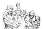  capcom captain_commando captain_commando_(character) crossover diepod greyscale in_the_face male_focus monochrome multiple_boys punching seth_(street_fighter) sketch street_fighter 