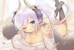  ass bare_shoulders blush bottomless breasts cleavage demon_horns earrings eteru_(mofuaki) fang horns jewelry kneehighs large_breasts long_hair looking_at_viewer lying mofuaki naked_sweater on_stomach one_eye_closed original pointy_ears ponytail purple_eyes purple_hair ribbed_sweater smile solo sweater tail v wings 