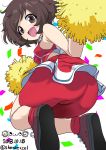  1girl :d absurdres akiyama_yukari alternate_costume ass bangs bike_shorts brown_eyes brown_hair cheerleader commentary confetti dated excel_(shena) eyebrows_visible_through_hair from_behind girls_und_panzer highres holding jumping looking_at_viewer looking_back messy_hair midriff open_mouth pleated_skirt pom_poms print_skirt red_footwear red_legwear red_shirt red_shorts red_skirt shirt shoes short_hair shorts shorts_under_skirt single_horizontal_stripe skirt sleeveless sleeveless_shirt smile sneakers socks solo twitter_username watermark 
