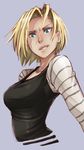  android_18 bad_deviantart_id bad_id blonde_hair blue_background blue_eyes bob_cut breasts dragon_ball dragon_ball_z highres long_sleeves medium_breasts nose pout short_hair solo striped_sleeves whistle_frog 