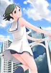  :o black_hair building city cloud commentary day dress glasses looking_at_viewer looking_back looking_down open_mouth original purple_eyes railing reflection roku_(saba_kan) sailor_dress short_hair sky sleeveless socks solo upskirt wind 