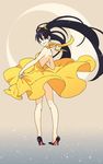  backless_dress backless_outfit bad_id bad_pixiv_id black_hair brown_eyes crescent_moon dress from_behind gradient gradient_background high_heels keishin long_hair looking_at_viewer looking_back moon no_socks original pumps skirt_hold smile solo twintails very_long_hair wind yellow_dress 