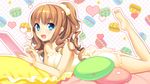  bare_shoulders barefoot blue_eyes brown_hair cushion dress heart long_hair lying mochiko_(mochiko3121) on_stomach open_mouth original pillow ponytail smile solo 