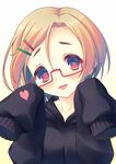  bad_id bad_pixiv_id bags_under_eyes blonde_hair blush glasses hair_ornament hairclip hood hood_down hoodie idolmaster idolmaster_cinderella_girls looking_at_viewer open_mouth red_eyes semi-rimless_eyewear shirasaka_koume short_hair sleeves_past_fingers sleeves_past_wrists smile solo umihotaru_harumare 