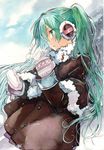  1girl absurdres breath coat color_ink_(medium) earmuffs eighth_note graphite_(medium) green_eyes green_hair hatsune_miku highres long_hair mittens musical_note solo traditional_media very_long_hair vocaloid 