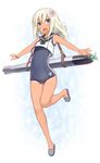 :d blonde_hair blue_eyes crop_top flower goekawa hair_ornament highres kantai_collection long_hair open_mouth outstretched_arms ro-500_(kantai_collection) school_swimsuit smile standing standing_on_one_leg swimsuit swimsuit_under_clothes tan tanline torpedo 
