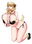  1girl areola_slip areolae bell blonde_hair blush breast_squeeze breasts cum disembodied_penis gigantic_breasts gloves green_eyes highres horns kneeling long_hair magic_penis mole open_mouth original paizuri penis psp(3dass) sweat tail thighs veins veiny_penis 